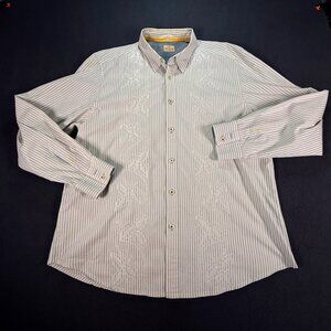Tommy Bahama Men XL Blue/White Button-Down Long Sleeve Shirt Embroidered Leaves